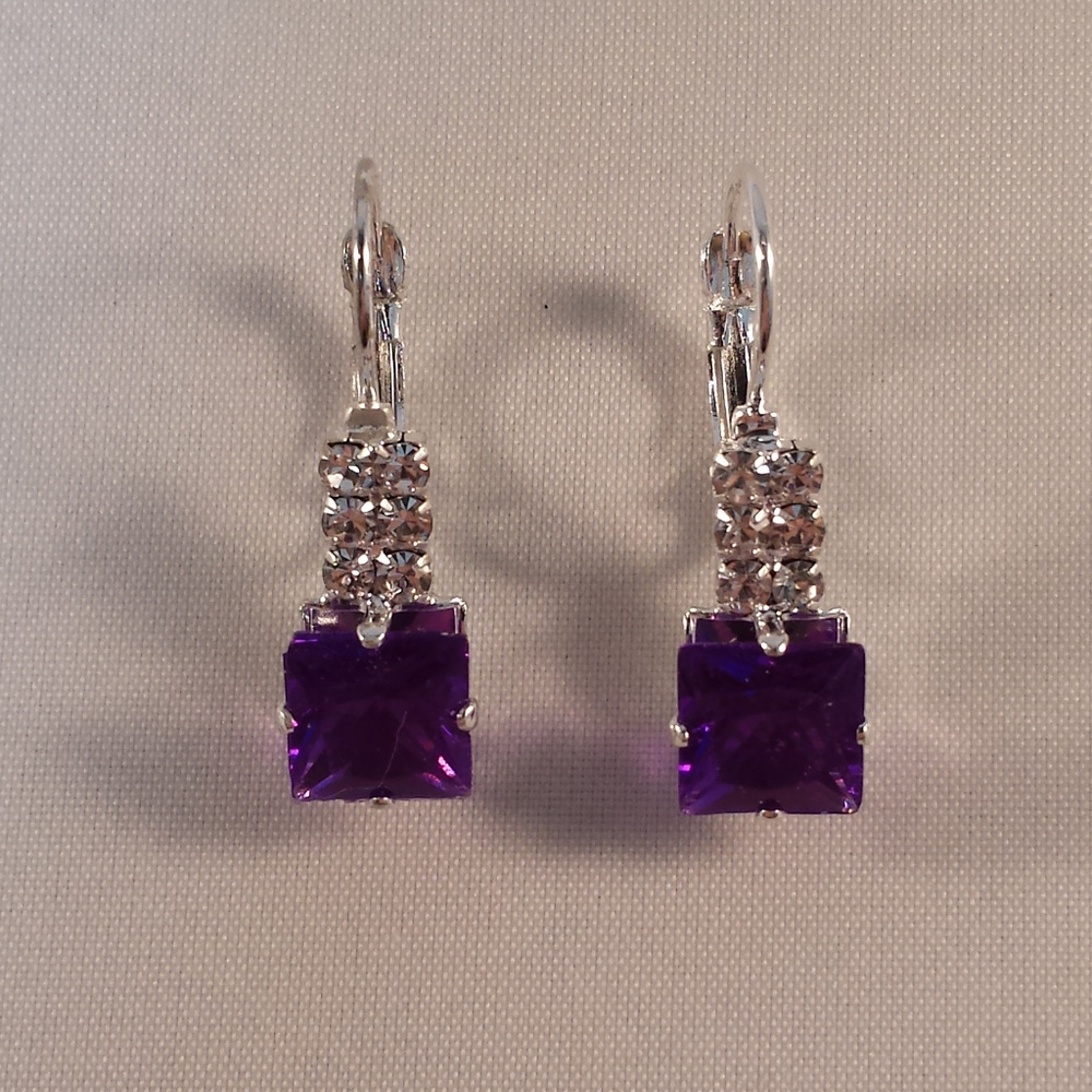 Silver Plated Mystic Pink Purple Square Czech Crystal Earrings 8mm